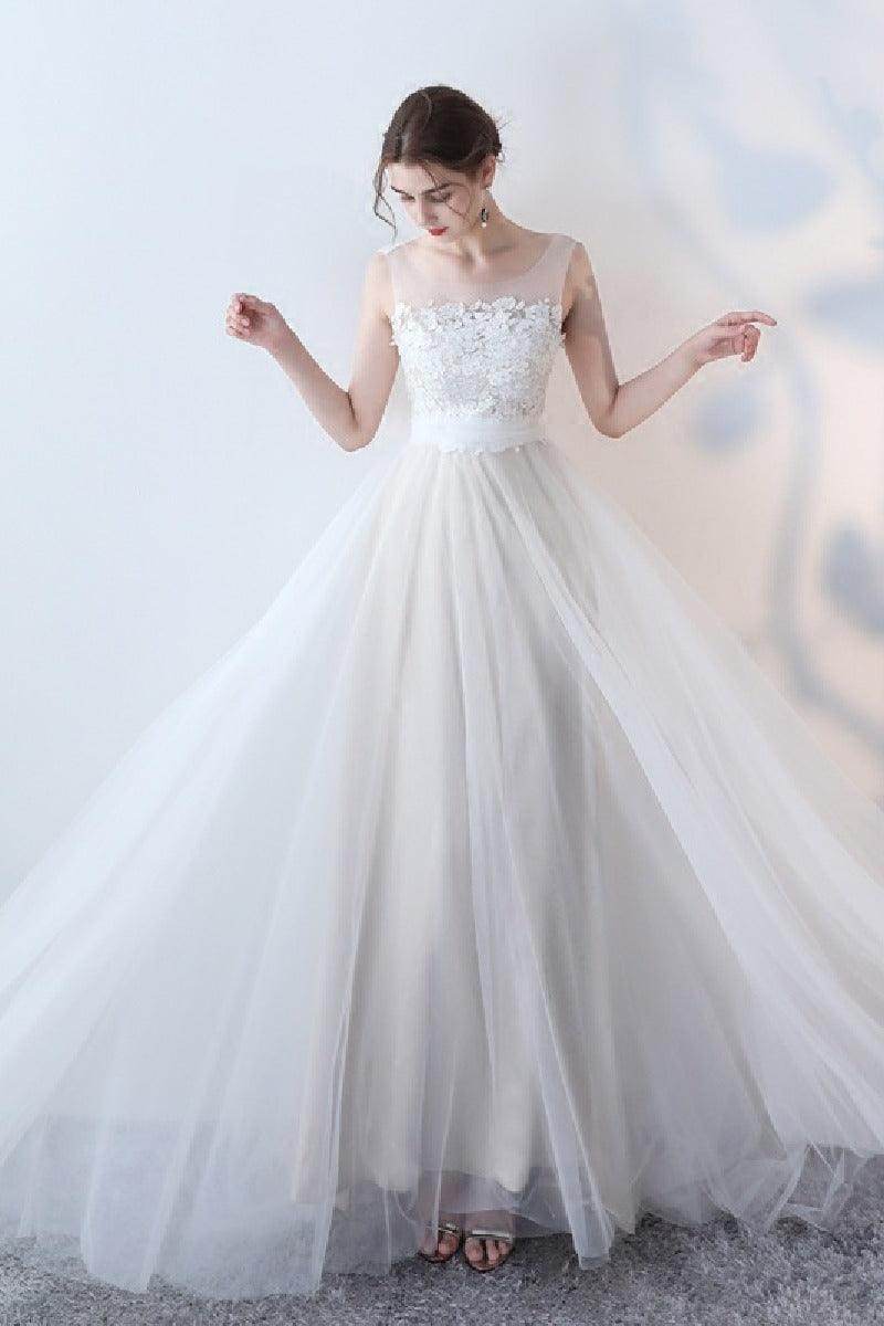 A-Line Sweep-Brush Train Lace Tulle Wedding Dress 623545078224 - COCOMELODY